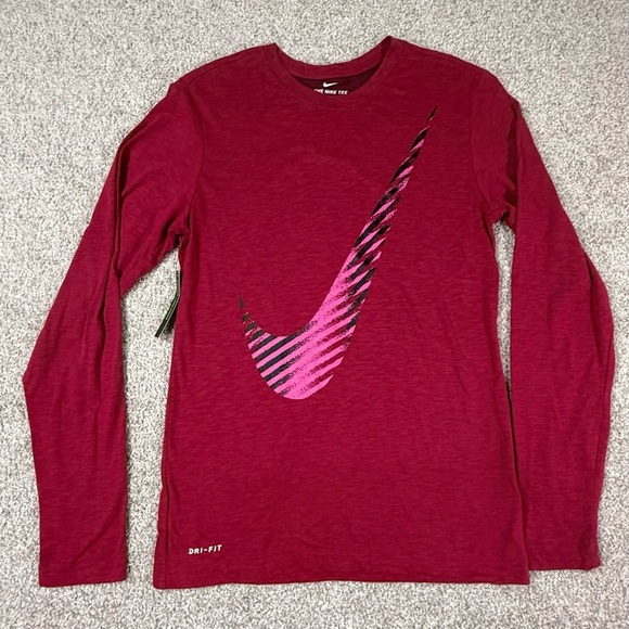 NWT Nike dri-fit dark pink long sleeve tee shirt swoosh s small - Picture 1 of 5